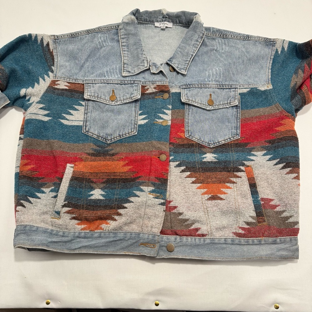 Southwestern Colorful Denim Jacket with Aztec Pattern Western XXL 2X - Picture 5 of 10